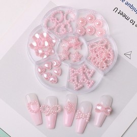 [Overseas] Pearl Ribbon Parts Artificial Pearl Bow Nail Jewelry Pearl Bow Love Heart Shape Pentagram Resin Diy Nail Free Size/0 5 White 7 Grid Plum Box Mix 4ea