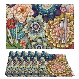 NETILGEN Placemats Set of 6, Dining Table Woven Vinyl PVC Placemat Wipeable Easy to Clean Oil-Proof Non-Slip Tablemats, Blooming Flowers