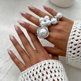 VIYPDRST Pearl Ring for Women Stacking Pearl Rings Set Adjustable Open Gold Pearls Ring Trendy Statement Pearls Jewerly for Women ﻿ (sliver)