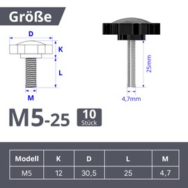 ORTAVA Pack of 10 Star Grip Screws, Screws with Handle M5 x 25 mm, Knurled Screw, Star Head Screw, Star Grip Nut, Clamping Knob for Machine Tools, Machine (Black)