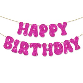 SINGOMON Glitter Pink Happy Birthday Banner Hot Pink Happy Birthday Sign Hot Pink Birthday Backdrop Hot Pink Birthday Decorations for Girls Women Birthday Decorations Baby Shower Decorations