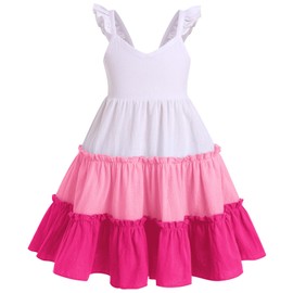 FYMNSI Toddler Baby Girls' Dresses Summer Rainbow Boho Dress Sleeveless Ruffle Cotton Smocked Beach Sundress Kids Casual Holiday Birthday Party Dress First Day of Kindergarten Outfit Rose Pink 5-6 Y