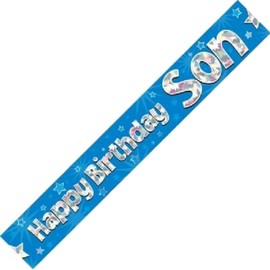 OakTree 625075" Happy Birthday Son Foil Holographic Banner, Blue, 9 ft