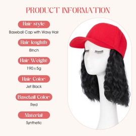 S-noilite Hat Wigs for Women Red Baseball Cap with Synthetic Hair Extensions Short Wavy Wigs Adjustable Hat with Jet Black Hair Daily Wear（8Inch）