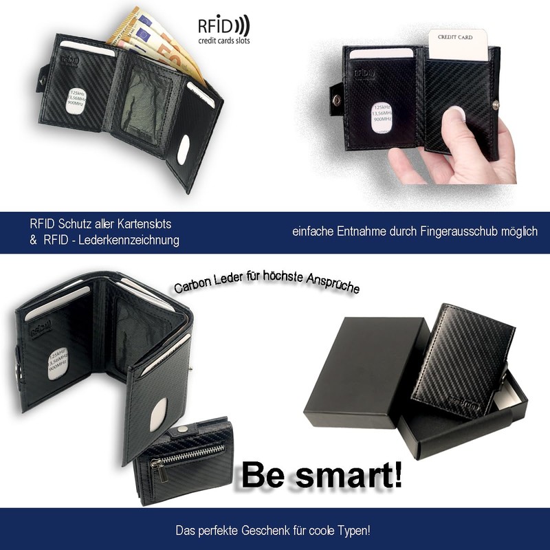 Slim Wallet Deluxe, Carbon leather black with coin compartment small,