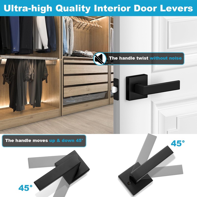 Estmoon 2 Pack Passage Door Levers, Matte Black Door Knobs
