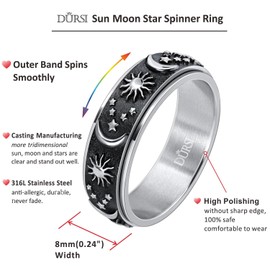 DURSI Sun Moon and Star Spinner Fidget Ring for Anxiety for Men Women Stainless Steel Rotating Engagement Wedding Band ( Black, Size 6 )