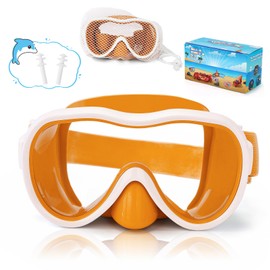 Kids Swim Goggles, Snorkel Mask Diving Mask Swimming Goggles with Nose Cover and Wide Elastic Straps Cover with Mesh Bag & Ear Plugs (Orange & White)