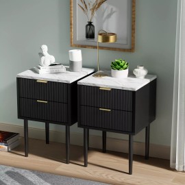 UEV Nightstands Set of 2 Gold Handles Imitation Marble Top Accent End Table Side - Black