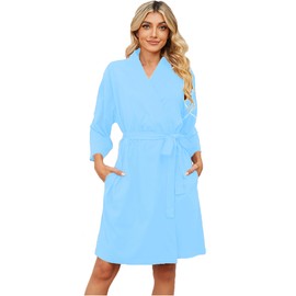 Yoolfine - Albornoz tipo kimono para mujer, 100% algodón, corto, ligero, para mujer, ropa de dormir suave, ropa de dormir para mujer, S-3XL, Azul-cielo, Small