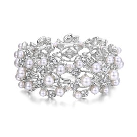Ever Faith Austrian Crystal Cream Simulated Pearls Bridal Stretch Bracelet Clear Silver-Tone