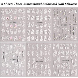 6 Sheets Nails Stickers with Flower Design 5D Self-Adhesive Embossed Engraved Nail Decals White Nails Decal Nail Art Supplies for Women Decorations