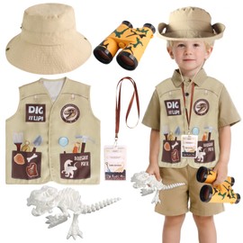 Kyson Kids Dinosaur Paleontologist Costume Explorer Hat Vest Zoo Keeper Outfit Accessories for Dino Jungle Safari Themed Party (Set A-5 Pieces)