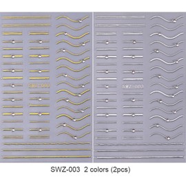 Gold Silver Nail Art Stickers Kit,2Pcs Metallic French Stripe Line Nail Sticker with Crystal Rhinestone Nail Adhesive Decals French Tip Sliders Decoration Foils DIY Manicure Art Accessories for Women