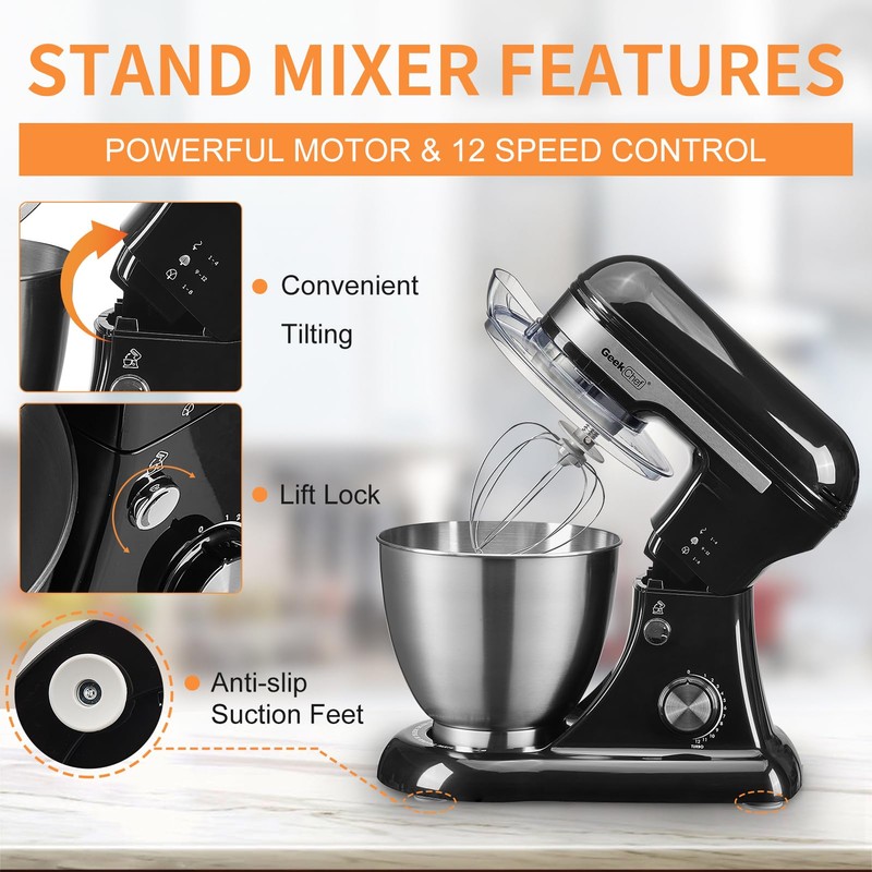 Geek Chef Electric Stand Mixer, 4.8QT 12 Speeds Tilt-head Food