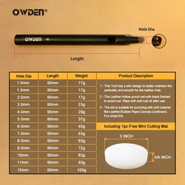 OWDEN Professional 13 Pc Leather Hole Punch Set (Slim Style) 1.0-12MM for Belt, Watch Band & Strap Gasket. Includes Free 3" Nylon Mat