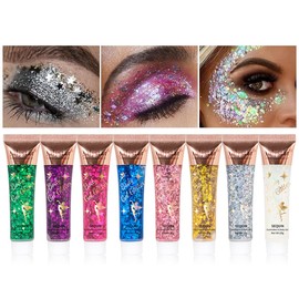 Pack of 8 Body Glitter Gel, Glitter Sequins Chunky Glitter Liquid Gel Mermaid Sequins Chunky Glitter Liquid Gel, Glitter Face Body for Face Hair Lips Nails Make Up Cosmetics Festival Party