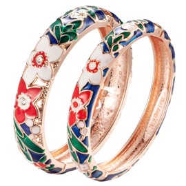 wynameleri Vintage Jewelry Cloisonne Handcrafted Enameled Flower Gorgeous Rhinestone Gold Hinged Cuff Bracelet Bangles Gifts 88A11-55A101 Navy Blue