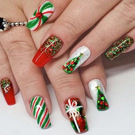 Christmas Press on Nails Square Christmas Tree Red Green Glitter Fake Nails Glossy False Nails with Christmas Candy Designs Christmas Ribbon Acrylic Nails Full Cover False Nails for Women 24Pcs