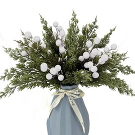 30 Pcs Artificial Pine Branches with Berry Stems,10.5" Faux Evergreen Pine Picks Fake Greenery Foliage Sprigs Cypress Leaves Stems for Christmas Wreath DIY Vase Filler Home Decoration (White)