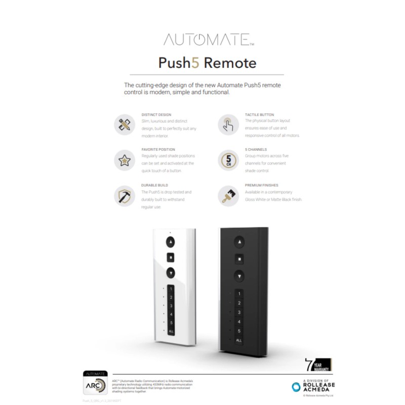 Rollease Push 5 Remote from Rollease Acmeda. #MT02-0101-050004 Black -
