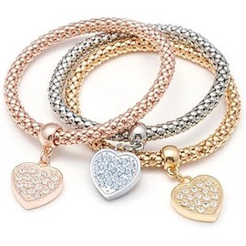 LUYANFX Women's Charm Bracelet, Pack of 3 Multilayer Bracelets, Gold, Silver, Rose Gold, Women's Bracelet with Heart Pendant and Crystal Heart Pendant, Stretch Bracelet for Women and Girls, Metal