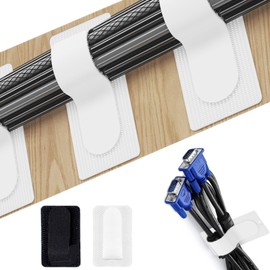 Cable Management Under Desk, 10Pairs Black and 10Pairs White Ultra Adhesion Hook and Loop Cable Strap, Reusable Cable Clip Hiding for Desk Holds 15 Cables