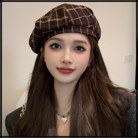 White Fang CZ377 Women's Beret Hat, Natural Check Mocha, Cute, Simple, Outing, Stylish,, coffee