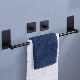 Taozun Towel Bar - Towel Holder with 2 Packs Adhesive Hooks Black 16-Inch Hand Towel Rack Stick on Wall, Stainless Steel Bathroom Hardware Accessory Kit