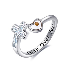 URONE Cross Rings Sterling Silver Cross Mustard Seed Opal Ring Adjustable Christian Faith Ring Religious Jewelry for Women