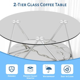 ASYA Round Coffee Table with Storage, 2-Tier Glass Coffee Table for Living Room, Modern Coffee Table with Tempered Glass & Metal Frame (Faux Marble)