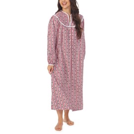 Lanz of Salzburg Sleepwear for Women Classic Long Sleeve Open Neck Soft Flannel Pajama Nightgown - Classic Red Tyrolean, Medium