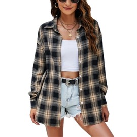 HangNiFang Flannel Plaid Shirts for Women Oversized Button Down Shirts Blouse(0768-Khaki-M)