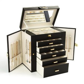 KAMIER Jewelry Box for Women, 6-Layer Large Jewelry Organizer Box with Mirror & 5 Drawers for Rings, Earrings, Necklaces, Bracelets,Black