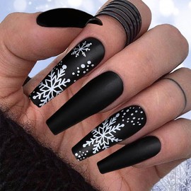 Uranian Christmas Press on Nails Black Extra Long Coffin Fake Nails Snowflake Matte False Nails with Designs Full Cover Acrylic Glue on Nails for Women and Girls 24pcs (Snowflake-Black)