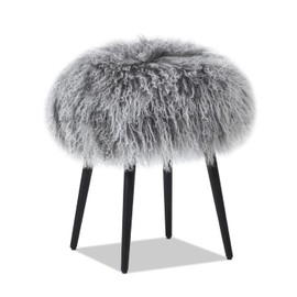 Jennifer Taylor Home Alberta 16" Mongolian Sheepskin Round Ottoman, Dimensional Gray Genuine Fur