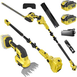 4-in-1 Pole Hedge Trimmer Cordless, Electric Hedge Trimmer and Grass Shear with Extension Pole, 180° Adjustable Angle, 16Ft Reach, 2x4.0Ah Battery, for Shrub Pruning