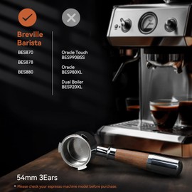 VINATO 54 mm Bottomless Portafilter - Stainless Steel Filter Holder Compatible with Breville Barista BES870/878/880 Machine - Portafilter with 1 Cup Splicing Handle Made of Walnut Wood and Stainless