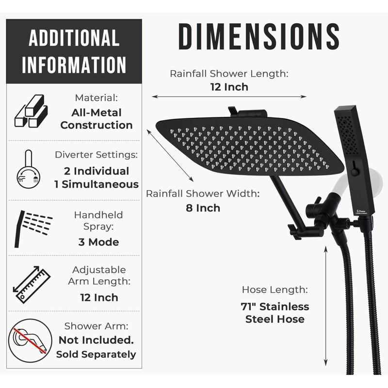 G-Promise All Metal 12 Inch Dual Square Shower Head with