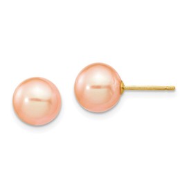 14K Yellow Gold 8-9mm Pink Round Freshwater Cultured Pearl Stud Post Earrings