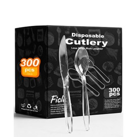 300 Count Heavy Duty Plastic Silverware, Heat Resistant Disposable Forks and Spoons Set, Clear Plastic Cutlery, Bulk Utensils