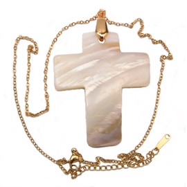 Handmade Necklace with Mother of Pearl Cross on 17 Inch Stainless Steel Gold Plated Chain with 2 Inch extension and Lobster Claw Clasp