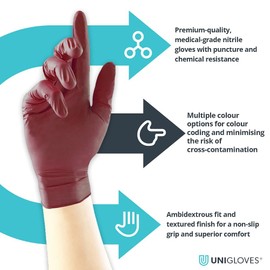 Unigloves Burgundy Pearl Nitrile Examination Gloves - Multipurpose, Powder Free and Latex Free Disposable Gloves - Box of 100, Medium (GP0123)