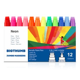 BIGTHUMB Jumbo Graffiti Poster Markers Set: 12 Neon Colors Large 15mm Wide Tip Permanent Ink Thick Acrylic Paint Pens for Rock Painting, Stone, Glass, Wood, Ceramic, Metal, Plastic, Fabric