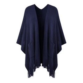 Ferand Women's Poncho with Open Front and Pockets, Soft Knitted Cape with Fringes for Autumn Winter, navy blue