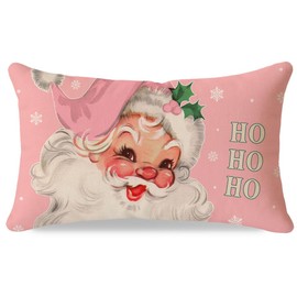 Christmas Throw Pillow Cover 12x20 Inch, Vintage Santa Claus Snowflake Blush Pink Lumbar Decorative Cushion Case, Pastel Xmas Winter Holiday Decoration for Sofa Couch Home Decor