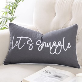 Sunkifover Dark Gray Decorative Lumbar Pillow Covers 12x20 Inches, Soft Solid Rectangle Pillow Cover, Embroidered Rectangular Pillow Case with Let's Snuggle Saying for Bed, Bedroom (Color Grey)