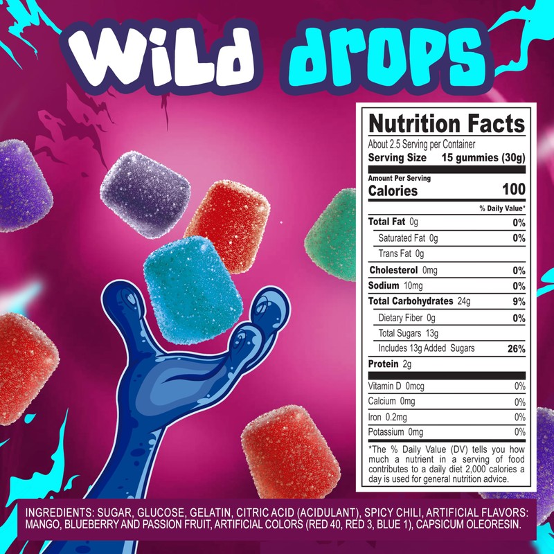 Toztecas Wild Drops, Chewy Gummies, Spicy Fruit Flavored Candy, 2.8