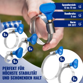 Poppstar 25x Hose Clamps with Wing Nut Stainless Steel Clamping Range 10-70 mm W2 Quality Blue