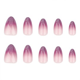 SINHOT Almond Press on Nails Medium Fake Nails Glossy Glue on Nails Purple Gradient Acrylic Nails Stiletto Artificial Nails Pink Bling Glitter False Nails with Design 24 pcs